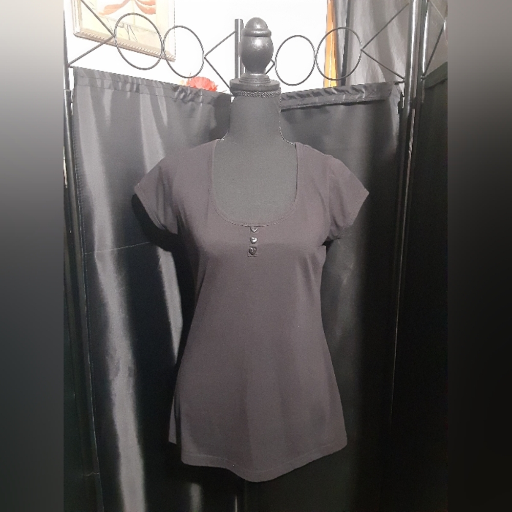 Piper Black Button-Detail Blouse Short Sleeve Size Large Casual Classic